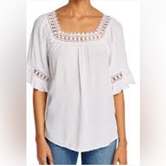 SOLD-Crochet trim white square neck top - Picture 2 of 6